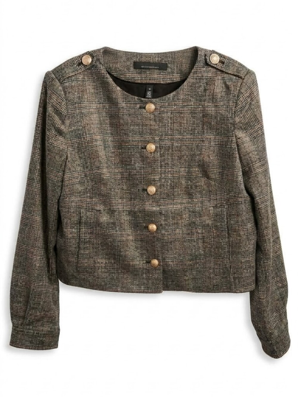 White House Black Market Plaid Cropped Military Jacket Gold Crest Buttons Sz 12